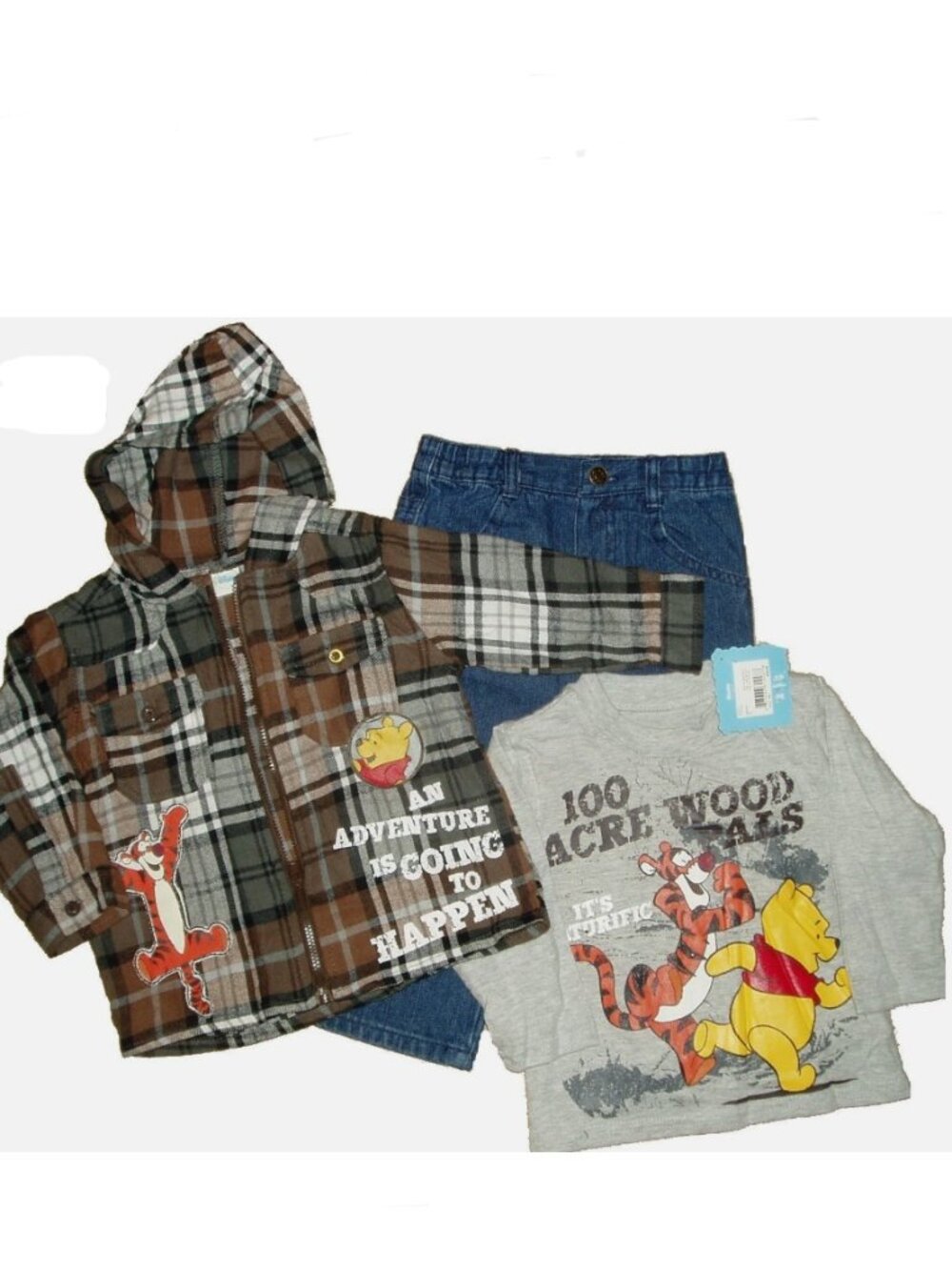 Winnie Pooh Tiger 3 pc Outfit Hooded Flannel Shirt Pants Jeans Long Trousers